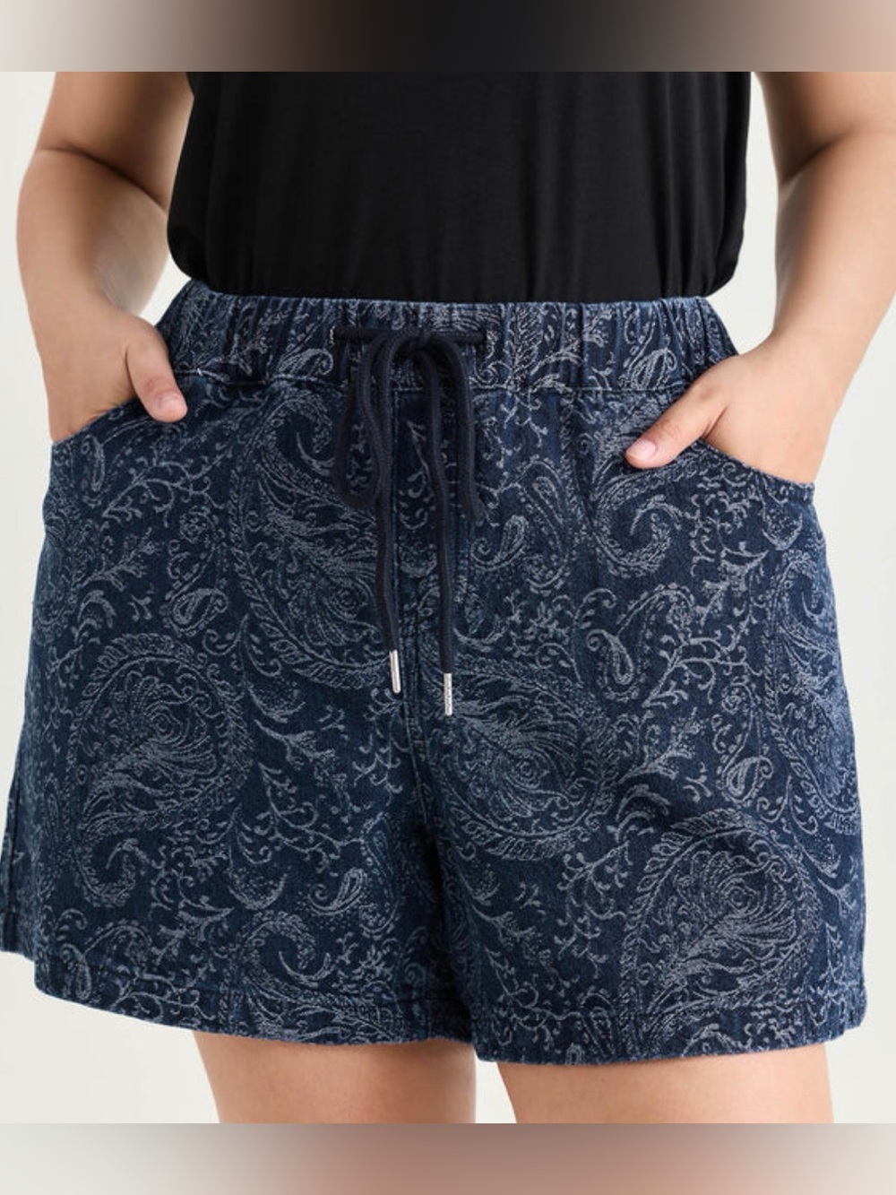 Women's Navy Paisley Drawstring Shorts by BloomChic
